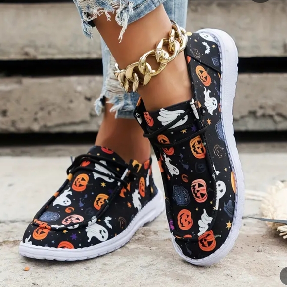 #515Women's Halloween Pumpkin Lightweight Canvas Slip on Shoes. Size: 7.5 - Picture 4 of 5